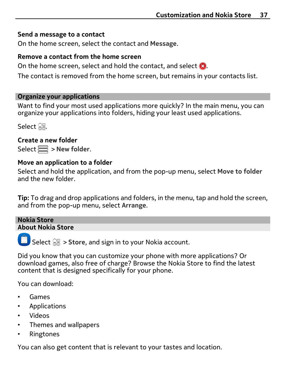 Organize your applications, Nokia store, About nokia store | Nokia E7-00 User Manual | Page 37 / 133