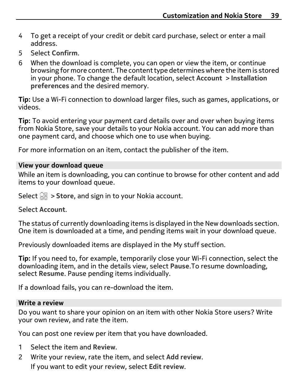 View your download queue, Write a review | Nokia E7-00 User Manual | Page 39 / 133