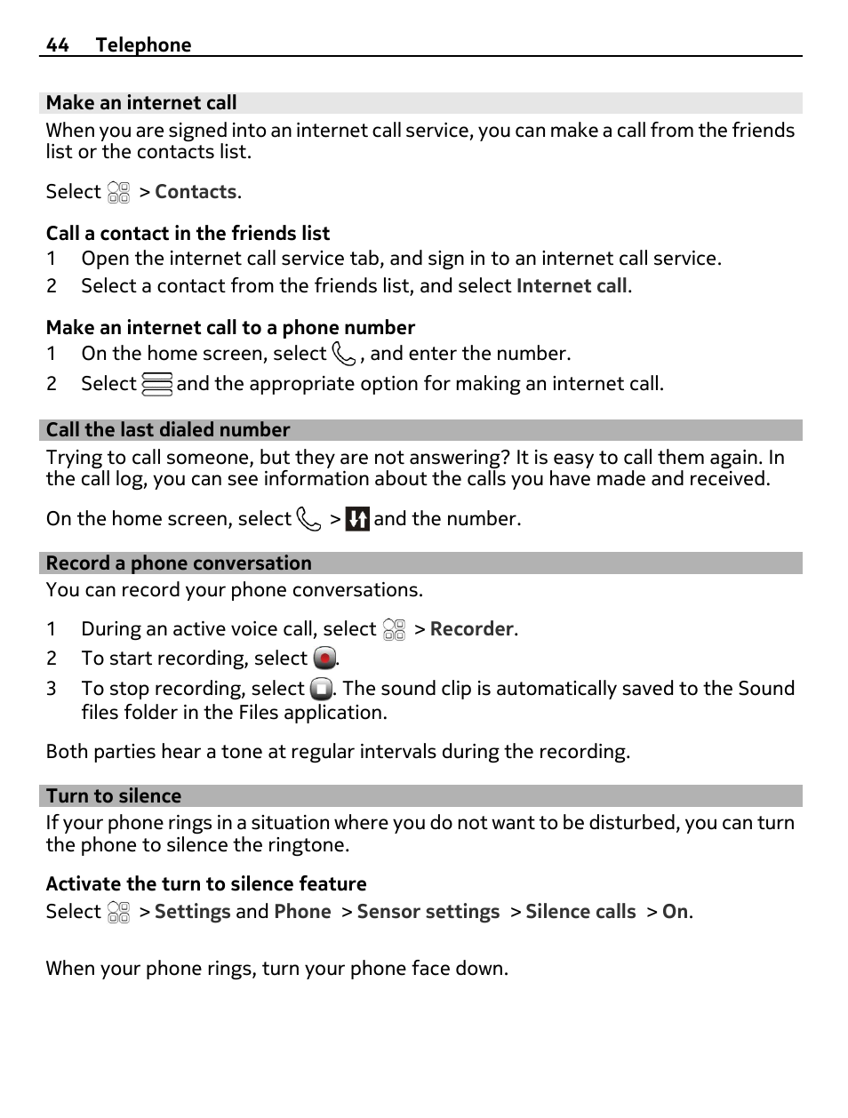 Make an internet call, Call the last dialed number, Record a phone conversation | Turn to silence | Nokia E7-00 User Manual | Page 44 / 133