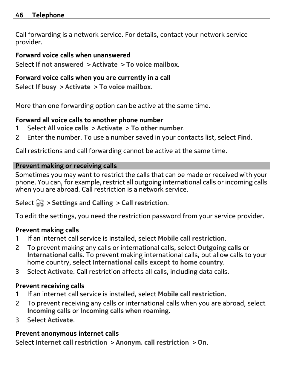 Prevent making or receiving calls | Nokia E7-00 User Manual | Page 46 / 133