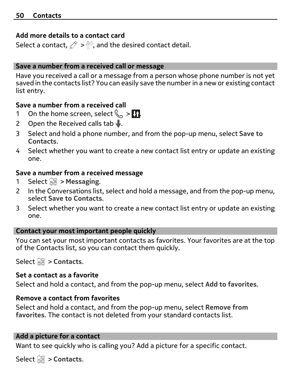 Save a number from a received call or message, Contact your most important people quickly, Add a picture for a contact | Save a number from a received call or, Message, Contact your most important people, Quickly | Nokia E7-00 User Manual | Page 50 / 133