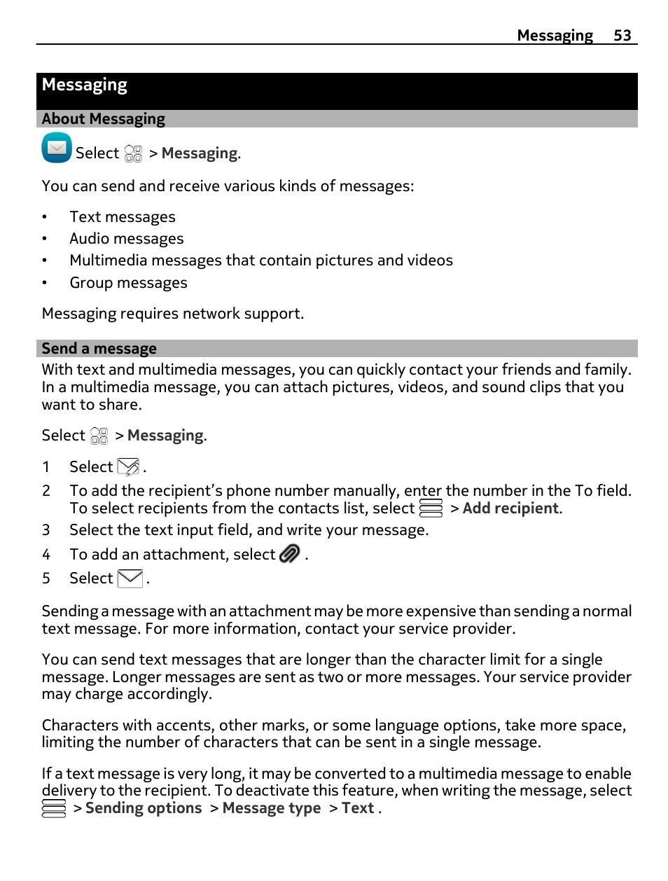 Messaging, About messaging, Send a message | Nokia E7-00 User Manual | Page 53 / 133