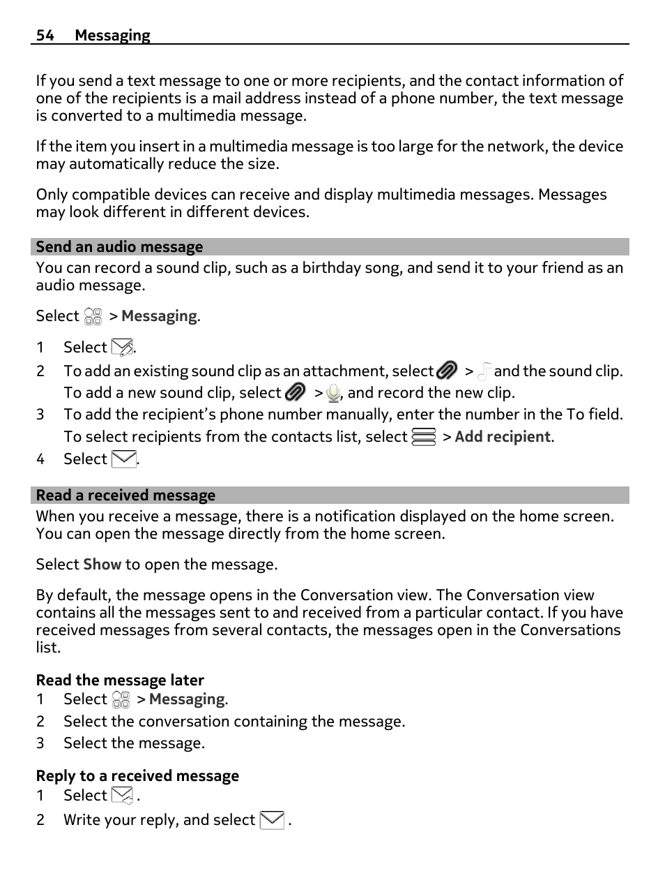 Send an audio message, Read a received message | Nokia E7-00 User Manual | Page 54 / 133