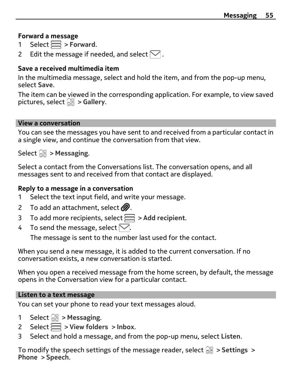 View a conversation, Listen to a text message | Nokia E7-00 User Manual | Page 55 / 133