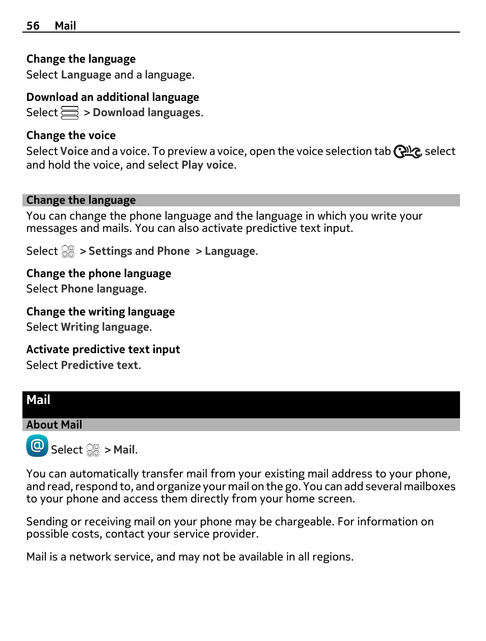 Change the language, Mail, About mail | Nokia E7-00 User Manual | Page 56 / 133
