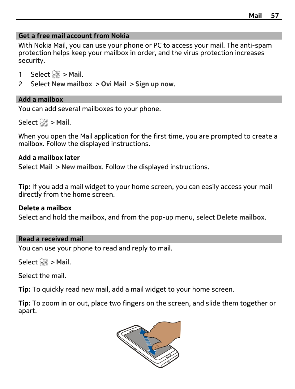 Get a free mail account from nokia, Add a mailbox, Read a received mail | Get a free mail account from nokia 57 | Nokia E7-00 User Manual | Page 57 / 133