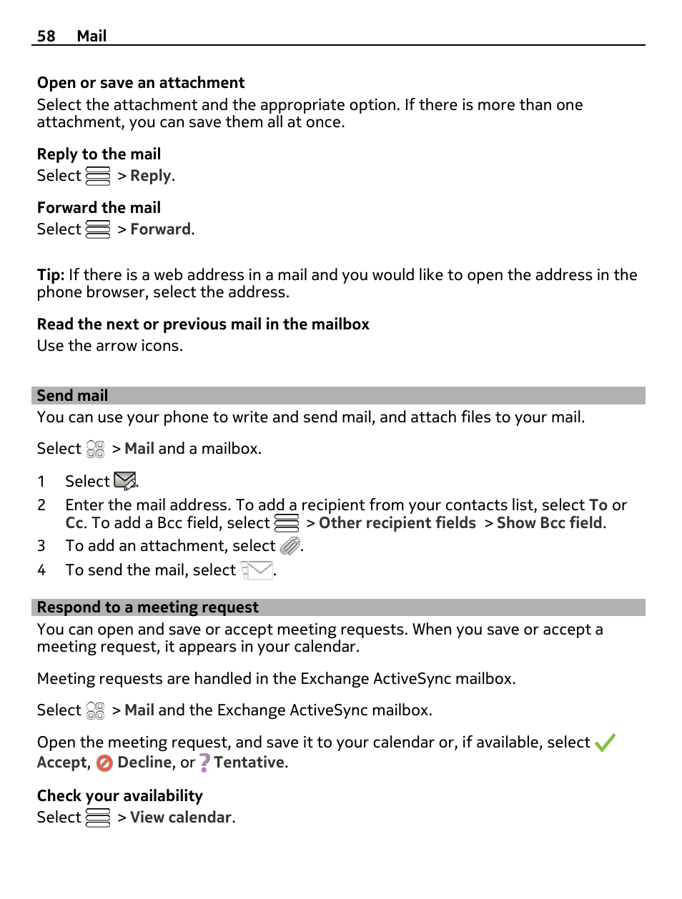 Send mail, Respond to a meeting request | Nokia E7-00 User Manual | Page 58 / 133