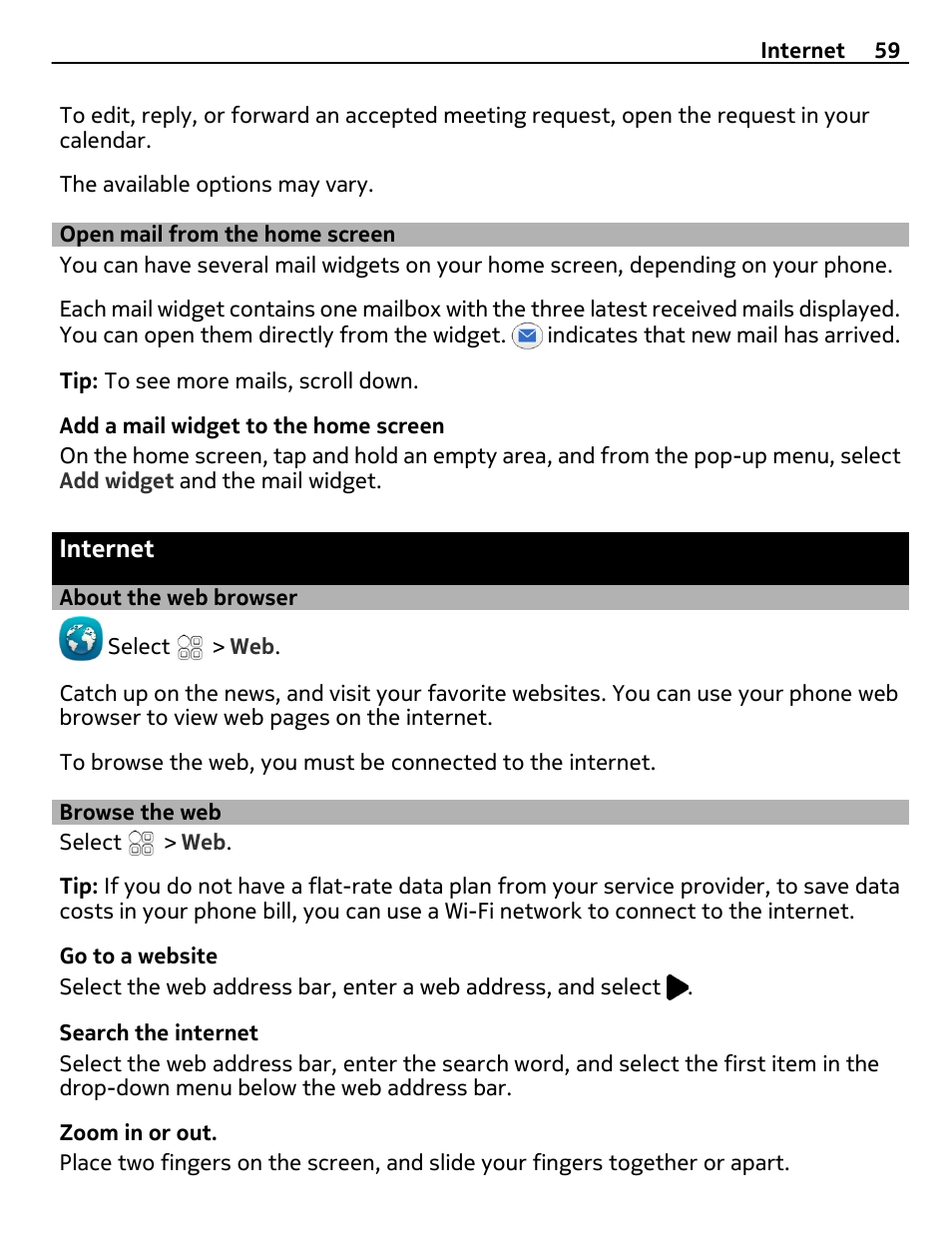 Open mail from the home screen, Internet, About the web browser | Browse the web | Nokia E7-00 User Manual | Page 59 / 133