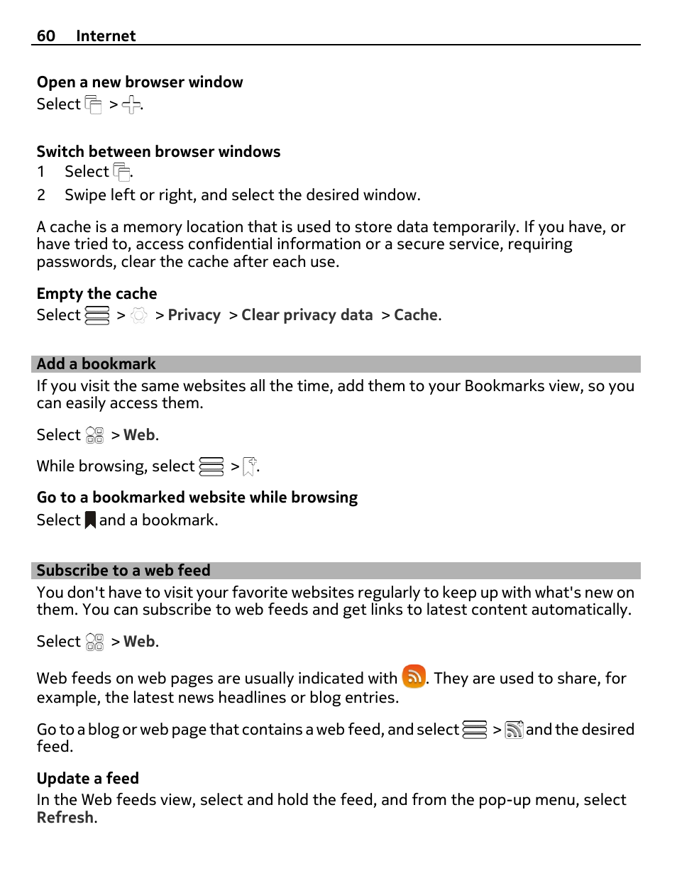 Add a bookmark, Subscribe to a web feed | Nokia E7-00 User Manual | Page 60 / 133