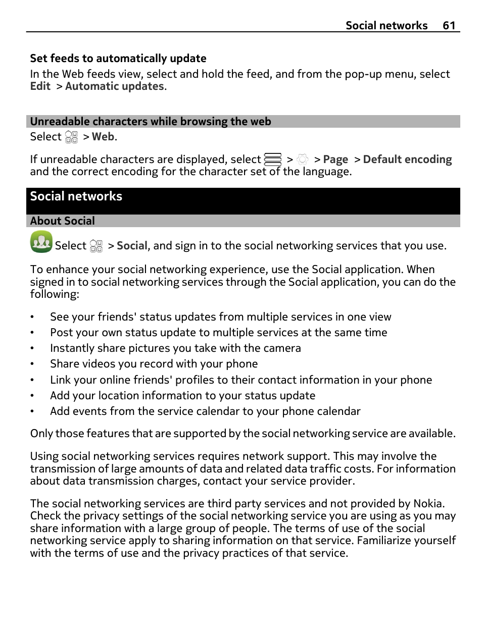 Unreadable characters while browsing the web, Social networks, About social | Unreadable characters while, Browsing the web | Nokia E7-00 User Manual | Page 61 / 133