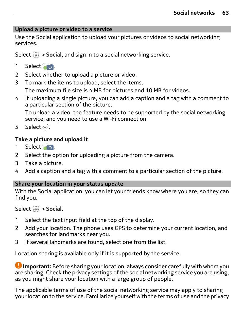 Upload a picture or video to a service, Share your location in your status update, Upload a picture or video to a service 63 | Share your location in your status, Update | Nokia E7-00 User Manual | Page 63 / 133