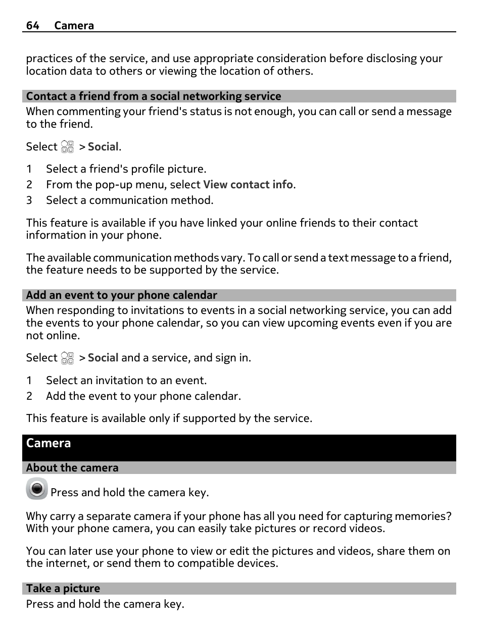 Contact a friend from a social networking service, Add an event to your phone calendar, Camera | About the camera, Take a picture, Contact a friend from a social, Networking service, Add an event to your phone calendar 64 | Nokia E7-00 User Manual | Page 64 / 133
