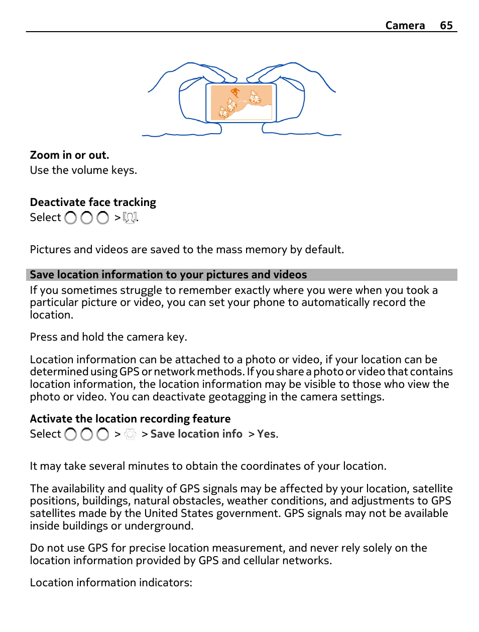 Save location information to your, Pictures and videos | Nokia E7-00 User Manual | Page 65 / 133
