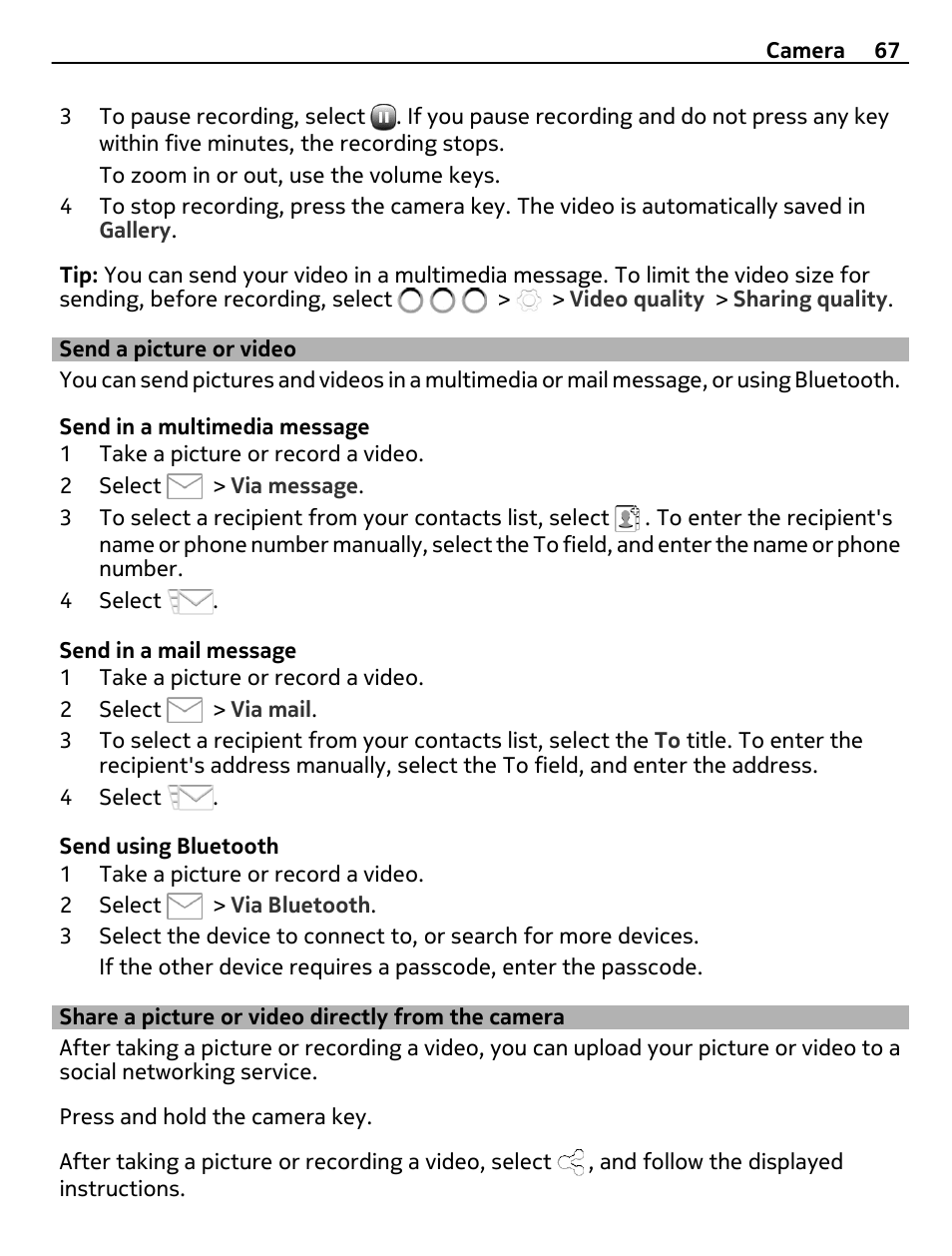 Send a picture or video, Share a picture or video directly from the camera, Share a picture or video directly from | The camera | Nokia E7-00 User Manual | Page 67 / 133