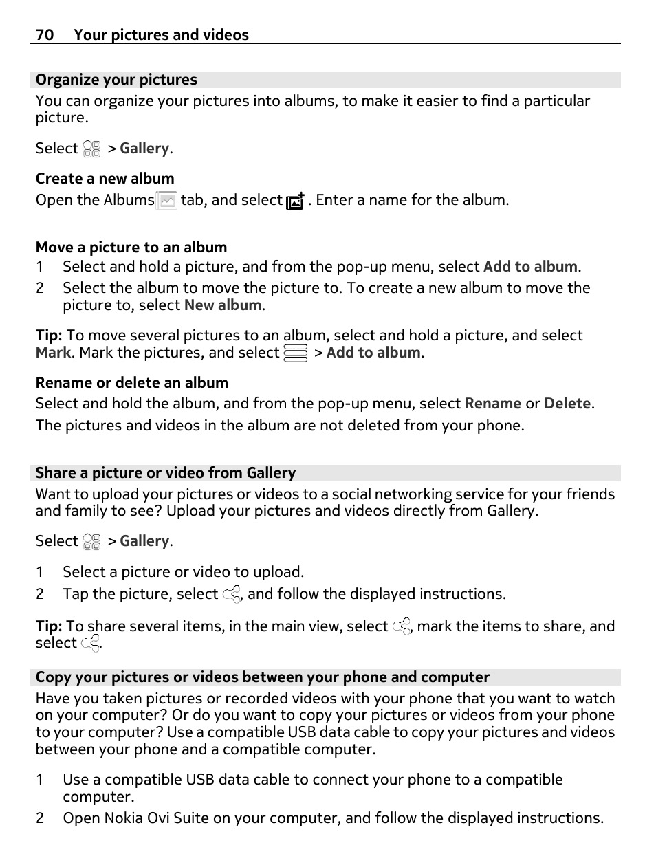 Organize your pictures, Share a picture or video from gallery | Nokia E7-00 User Manual | Page 70 / 133