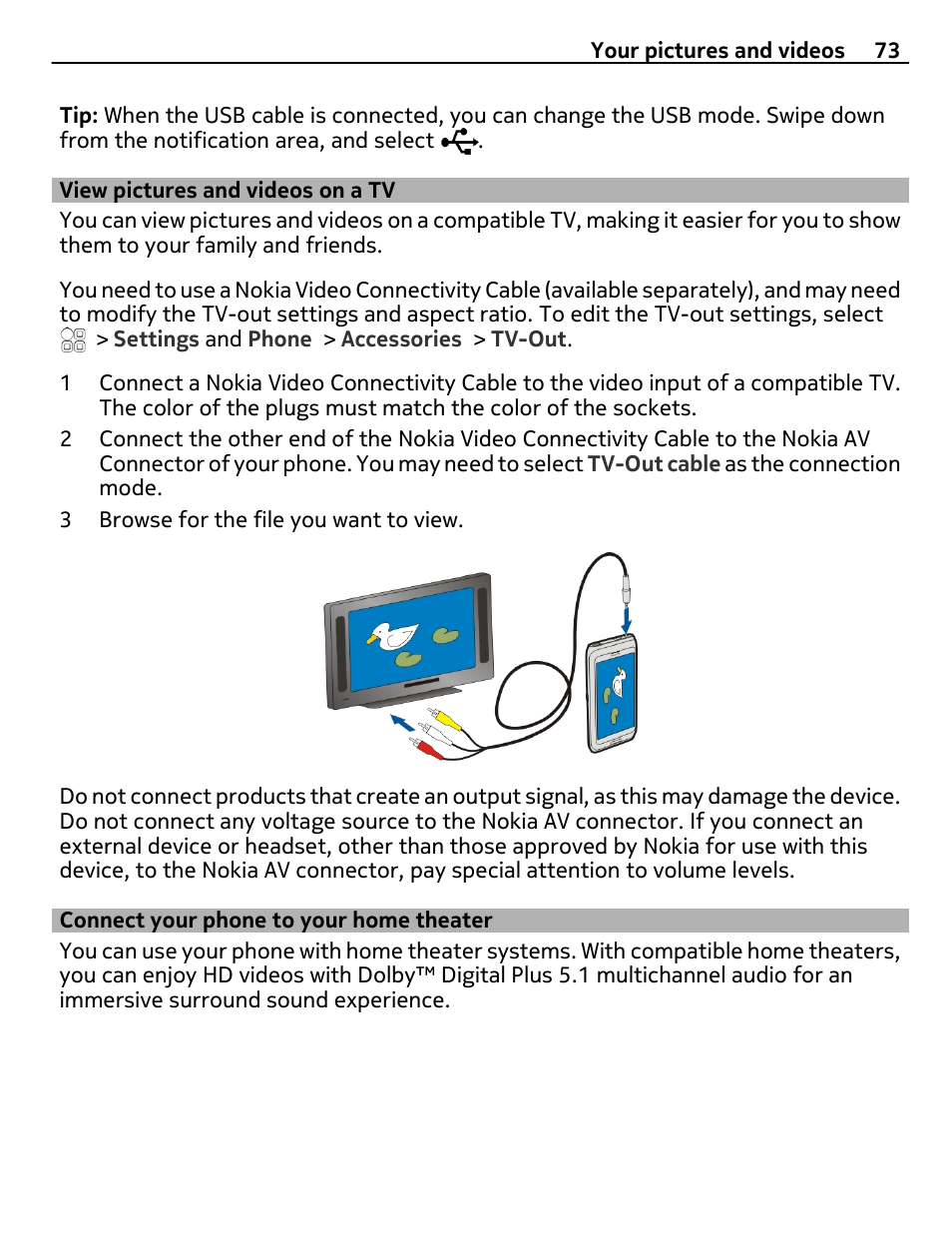 View pictures and videos on a tv, Connect your phone to your home theater, Connect your phone to your home | Theater | Nokia E7-00 User Manual | Page 73 / 133