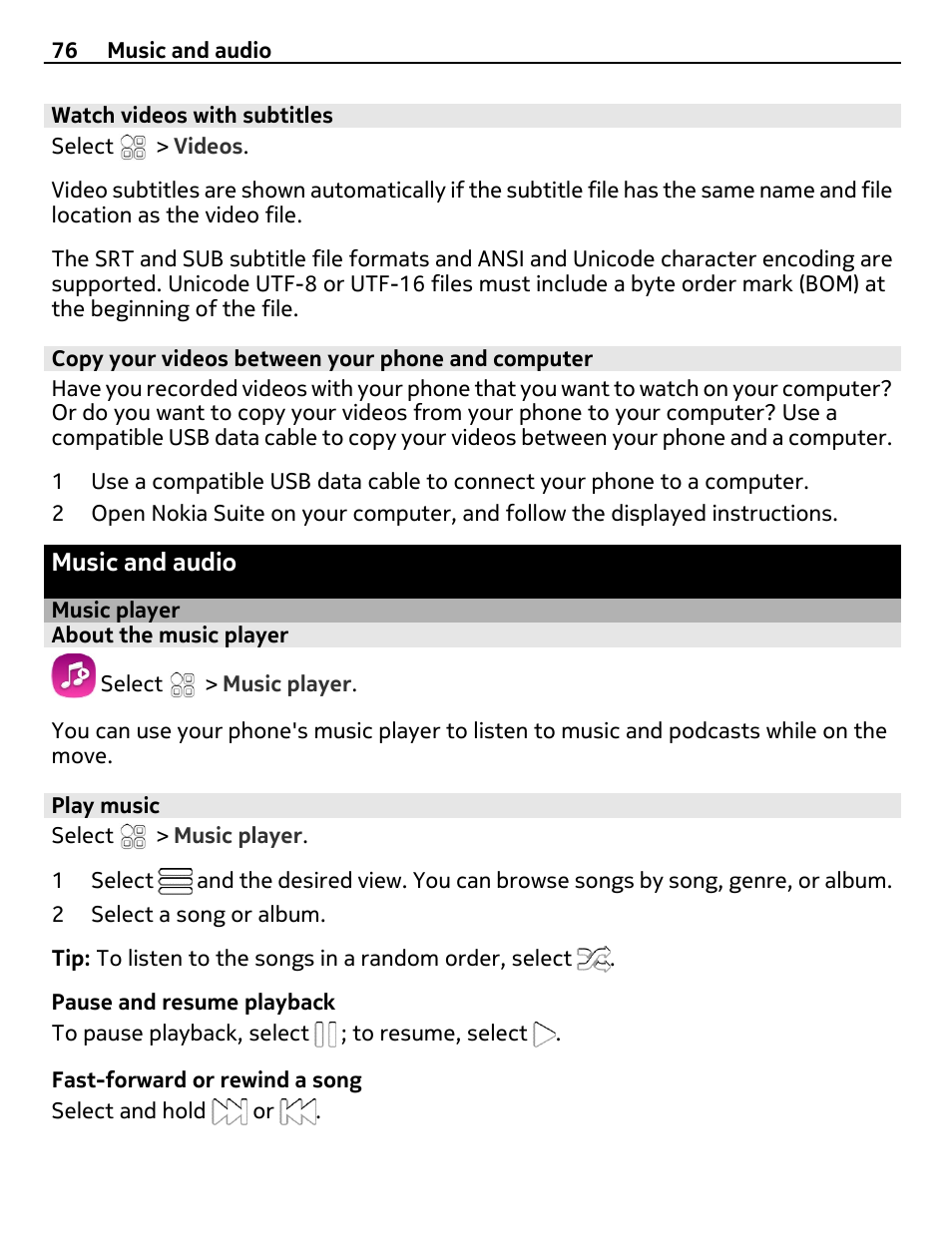 Watch videos with subtitles, Copy your videos between your phone and computer, Music and audio | Music player, About the music player, Play music | Nokia E7-00 User Manual | Page 76 / 133