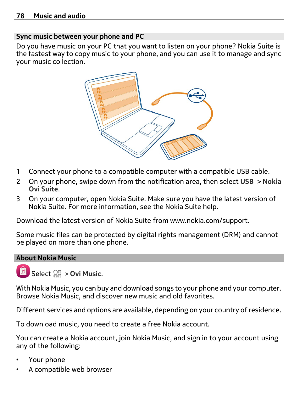 Sync music between your phone and pc, About nokia music | Nokia E7-00 User Manual | Page 78 / 133