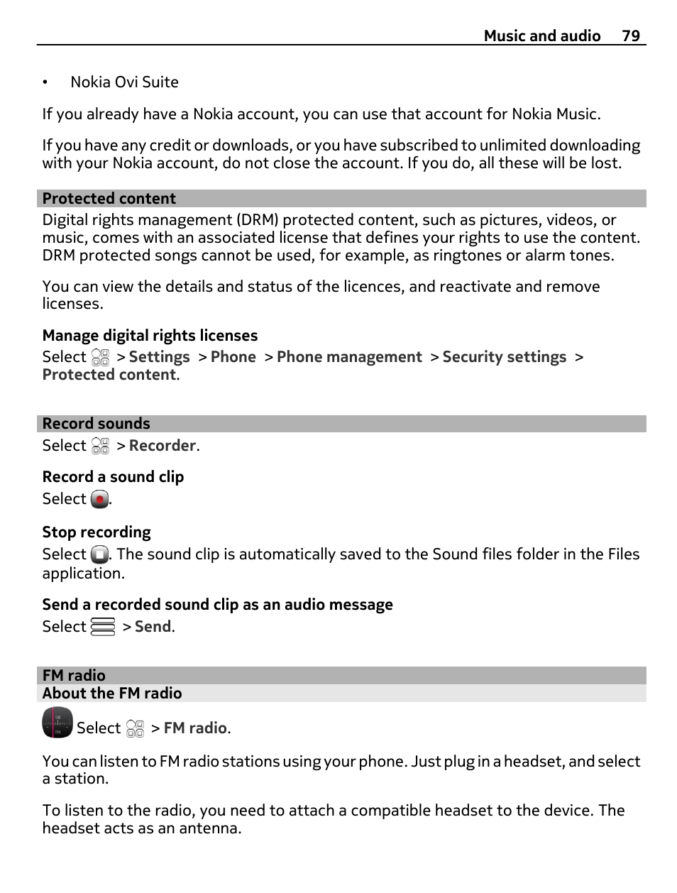 Protected content, Record sounds, Fm radio | About the fm radio | Nokia E7-00 User Manual | Page 79 / 133