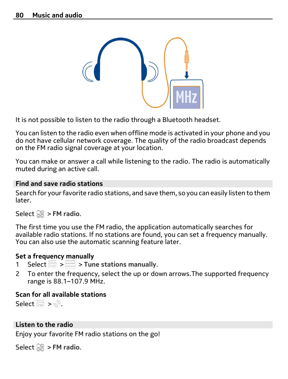Find and save radio stations, Listen to the radio | Nokia E7-00 User Manual | Page 80 / 133