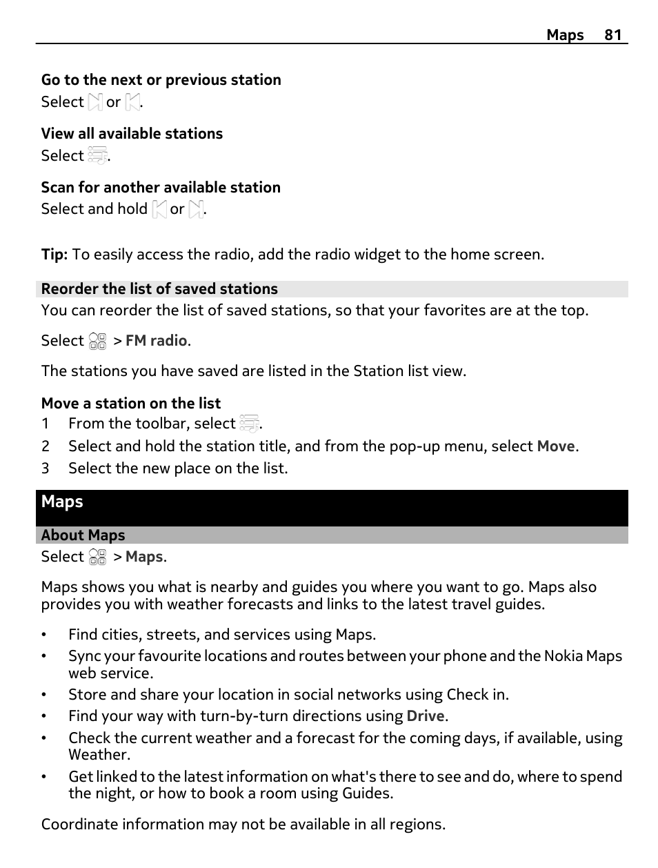 Reorder the list of saved stations, Maps, About maps | Nokia E7-00 User Manual | Page 81 / 133