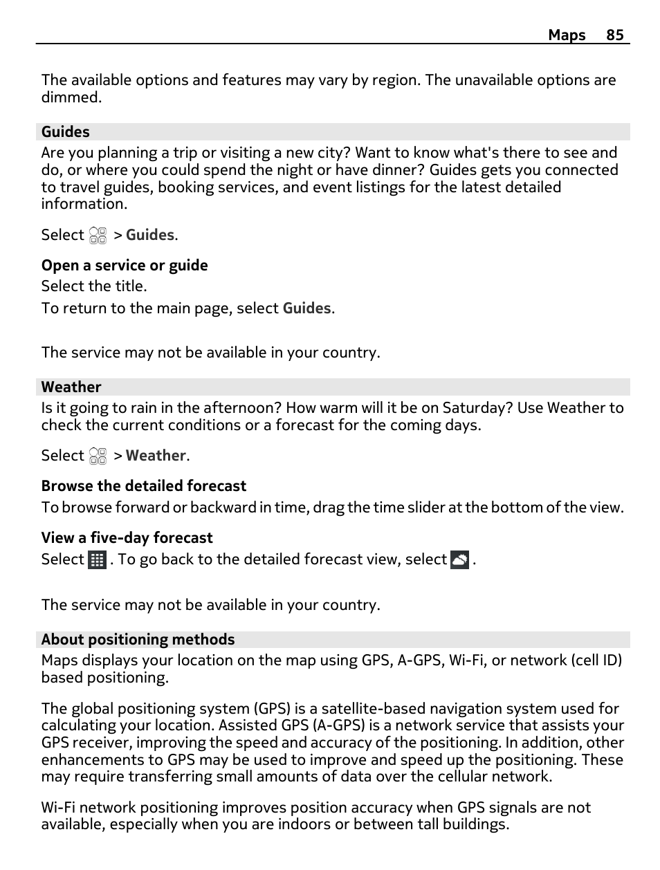 Guides, Weather, About positioning methods | Nokia E7-00 User Manual | Page 85 / 133