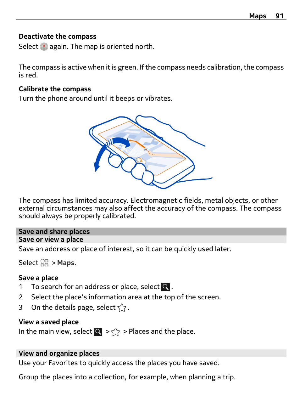 Save and share places, Save or view a place, View and organize places | Nokia E7-00 User Manual | Page 91 / 133