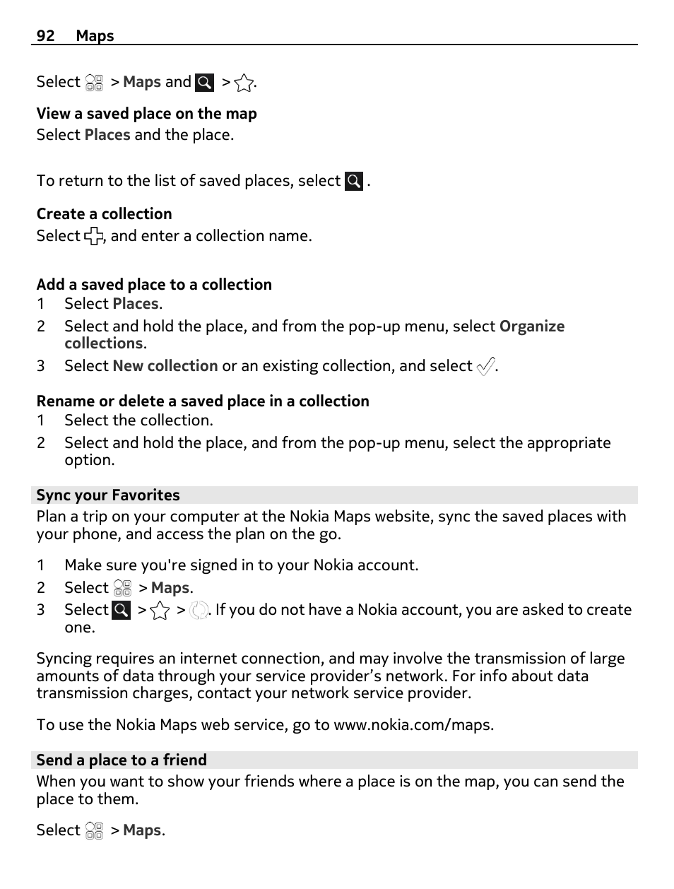 Sync your favorites, Send a place to a friend | Nokia E7-00 User Manual | Page 92 / 133