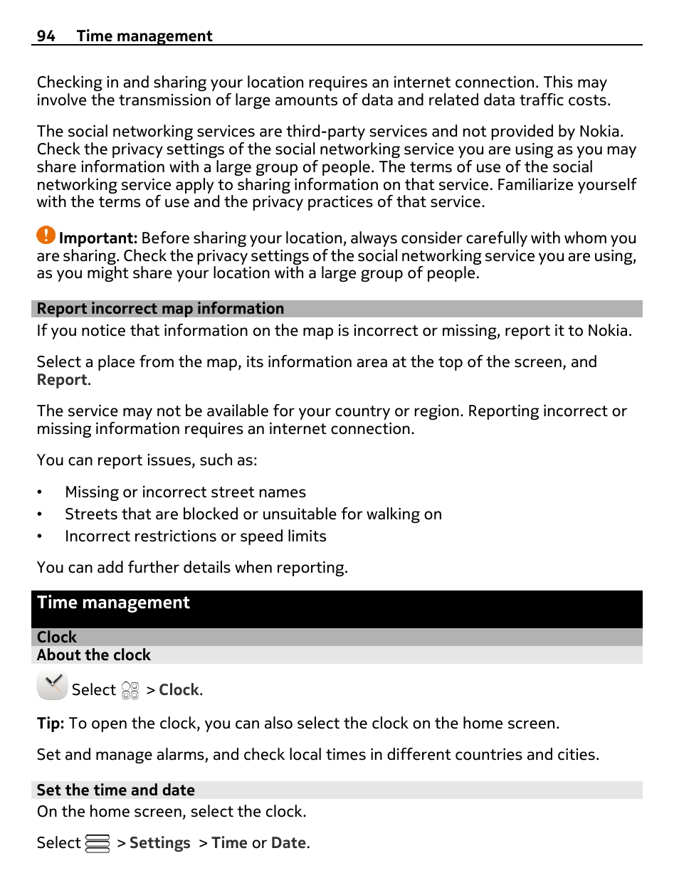 Report incorrect map information, Time management, Clock | About the clock, Set the time and date | Nokia E7-00 User Manual | Page 94 / 133