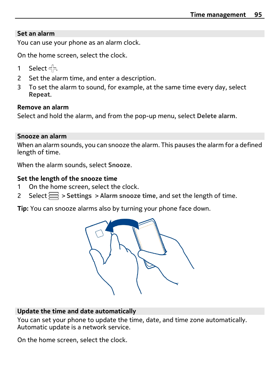 Set an alarm, Snooze an alarm, Update the time and date automatically | Nokia E7-00 User Manual | Page 95 / 133