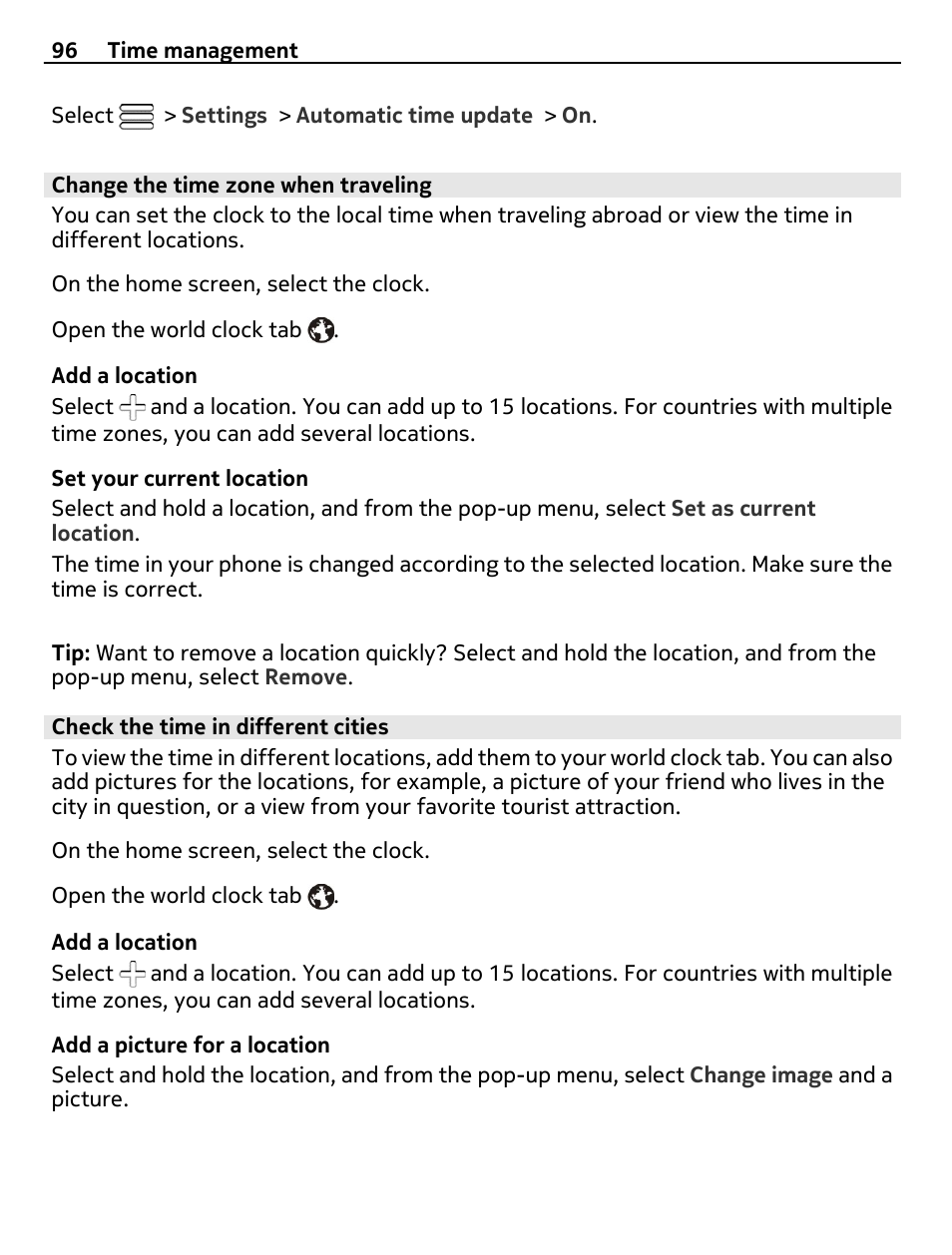 Change the time zone when traveling, Check the time in different cities | Nokia E7-00 User Manual | Page 96 / 133