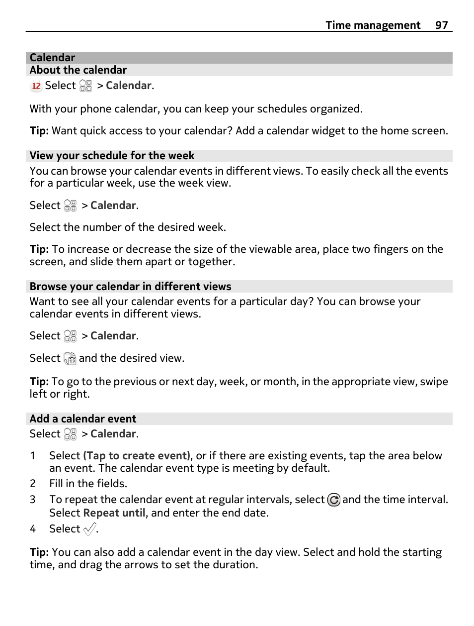 Calendar, About the calendar, View your schedule for the week | Browse your calendar in different views, Add a calendar event | Nokia E7-00 User Manual | Page 97 / 133