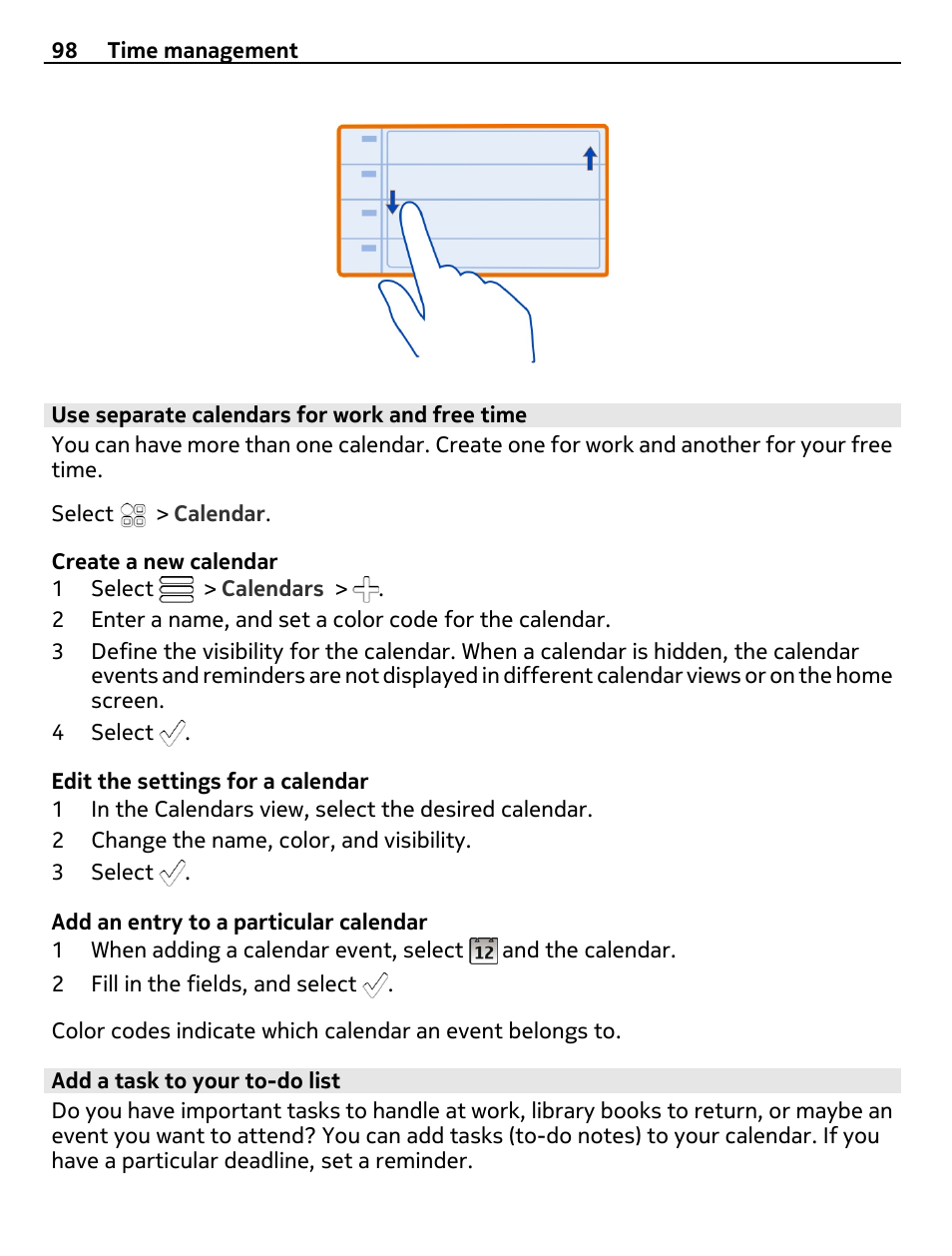 Use separate calendars for work and free time, Add a task to your to-do list | Nokia E7-00 User Manual | Page 98 / 133