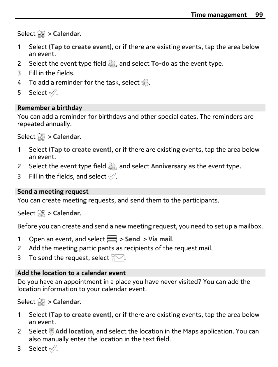 Remember a birthday, Send a meeting request, Add the location to a calendar event | Nokia E7-00 User Manual | Page 99 / 133