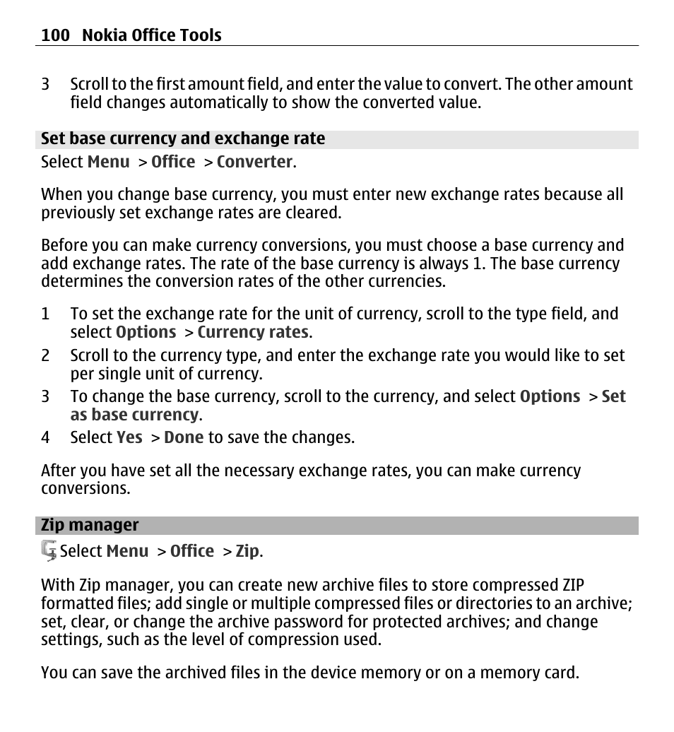 Set base currency and exchange rate, Zip manager | Nokia E5-00 User Manual | Page 100 / 230