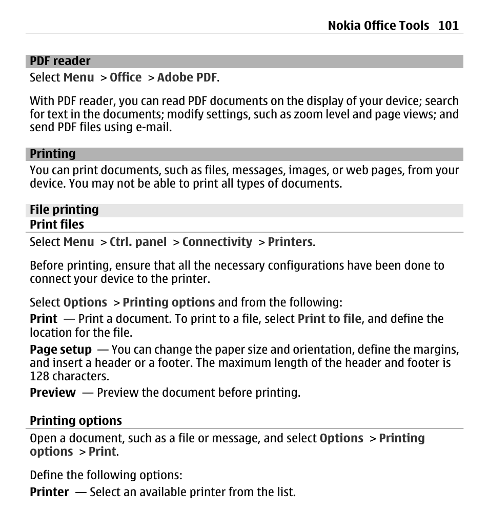 Pdf reader, Printing, File printing | Print files, Printing options | Nokia E5-00 User Manual | Page 101 / 230