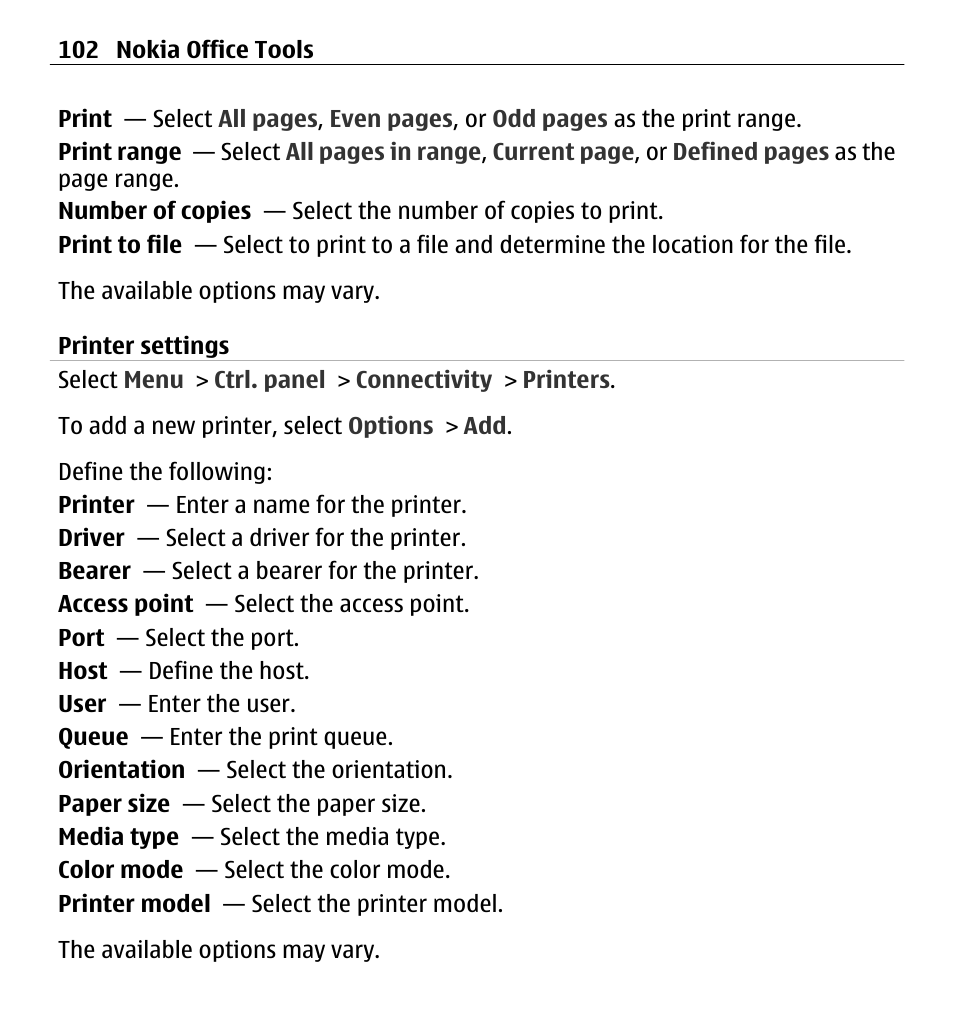 Printer settings | Nokia E5-00 User Manual | Page 102 / 230