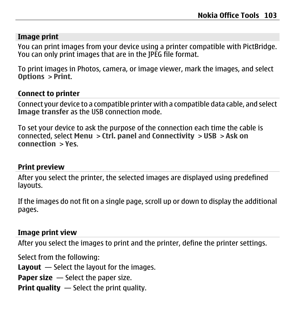 Image print, Connect to printer, Print preview | Image print view | Nokia E5-00 User Manual | Page 103 / 230