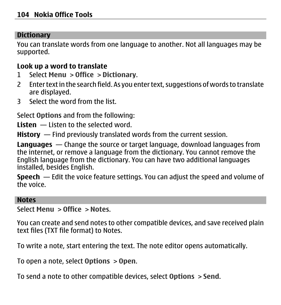 Dictionary, Notes, Notes 104 | Nokia E5-00 User Manual | Page 104 / 230