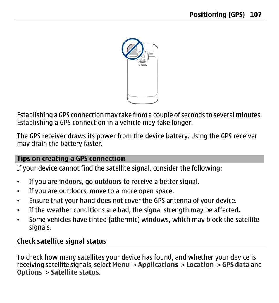 Tips on creating a gps connection, Tips on creating a gps connection 107 | Nokia E5-00 User Manual | Page 107 / 230
