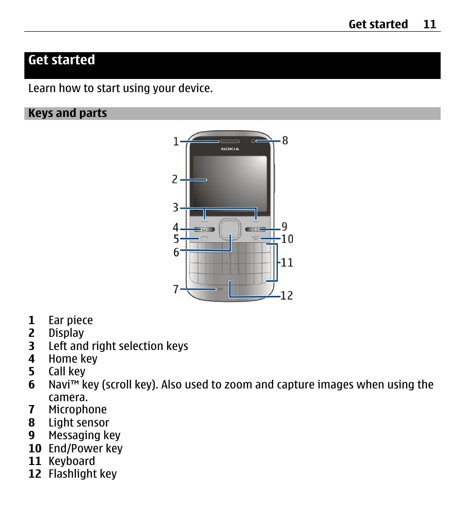 Get started, Keys and parts | Nokia E5-00 User Manual | Page 11 / 230