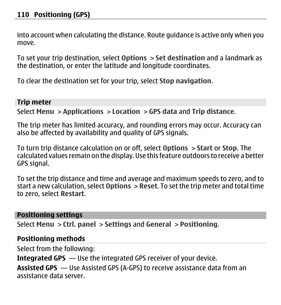 Trip meter, Positioning settings | Nokia E5-00 User Manual | Page 110 / 230