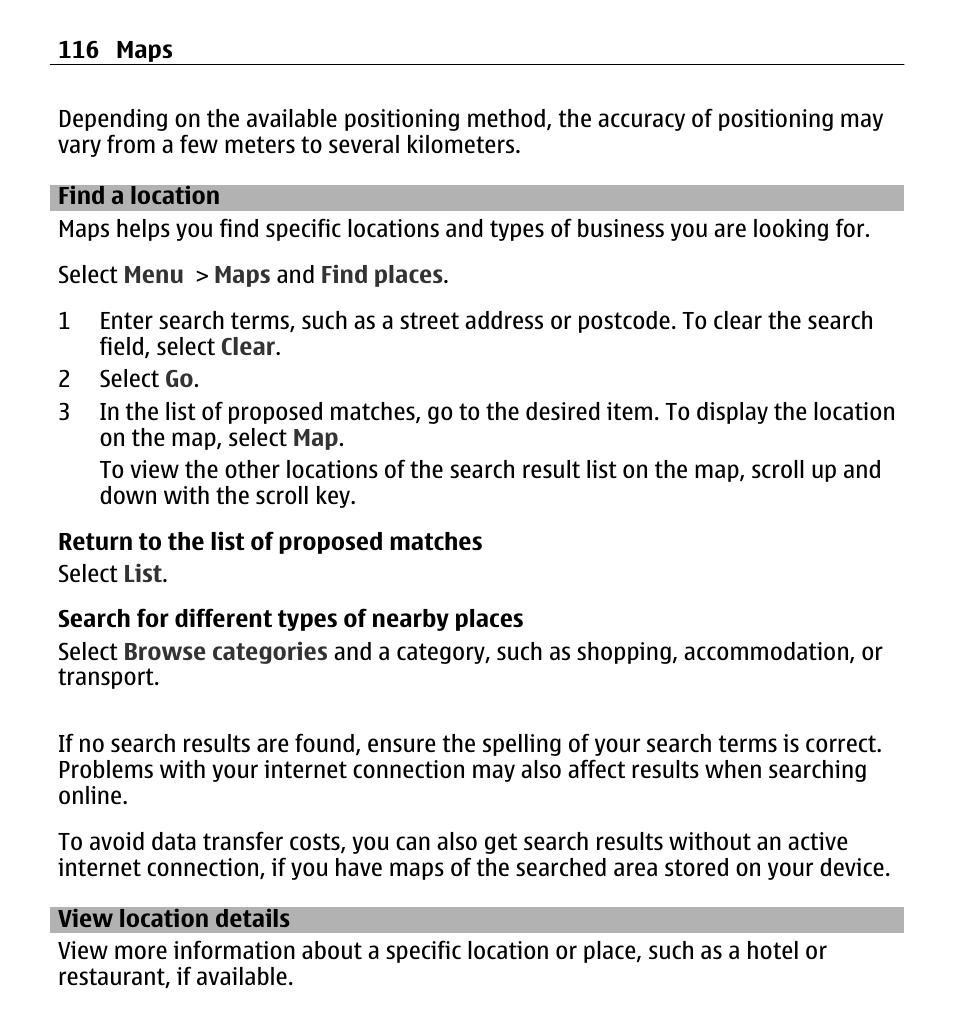Find a location, View location details | Nokia E5-00 User Manual | Page 116 / 230