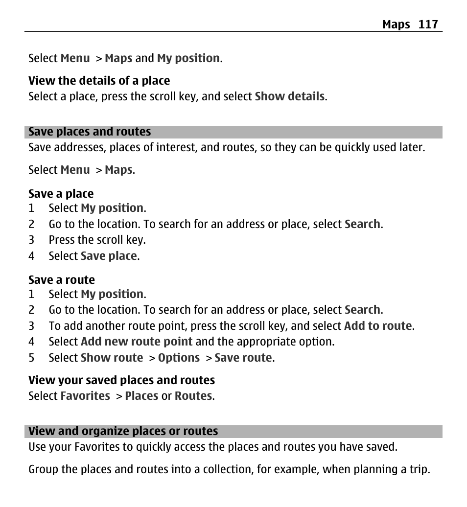 Save places and routes, View and organize places or routes, View and organize places or routes 117 | Nokia E5-00 User Manual | Page 117 / 230