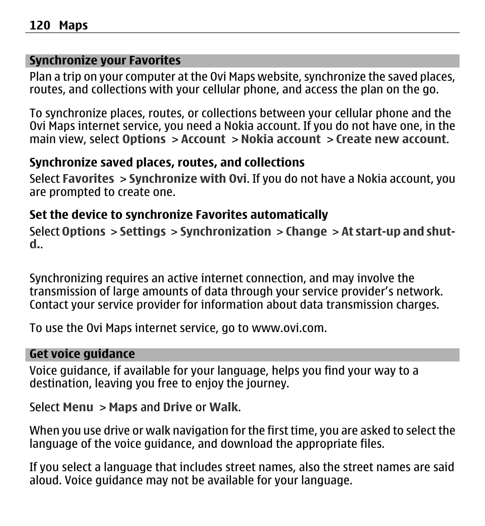 Synchronize your favorites, Get voice guidance | Nokia E5-00 User Manual | Page 120 / 230