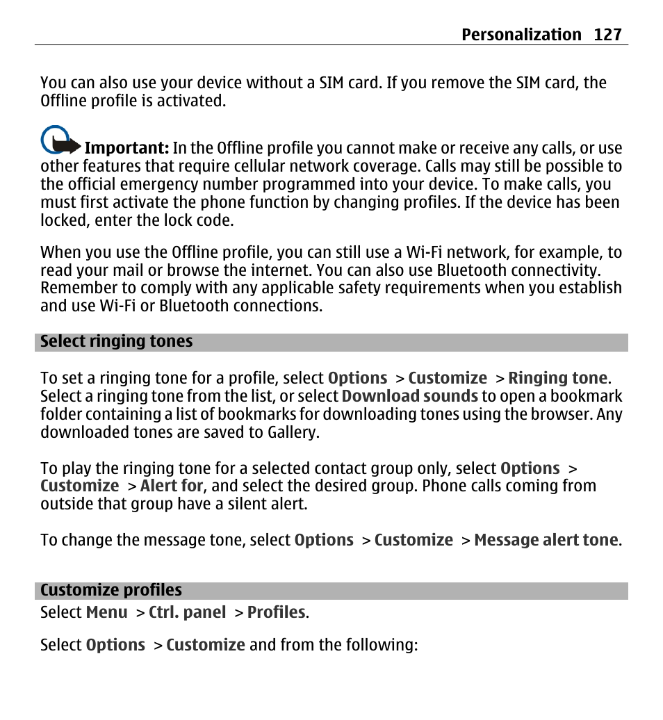 Select ringing tones, Customize profiles | Nokia E5-00 User Manual | Page 127 / 230