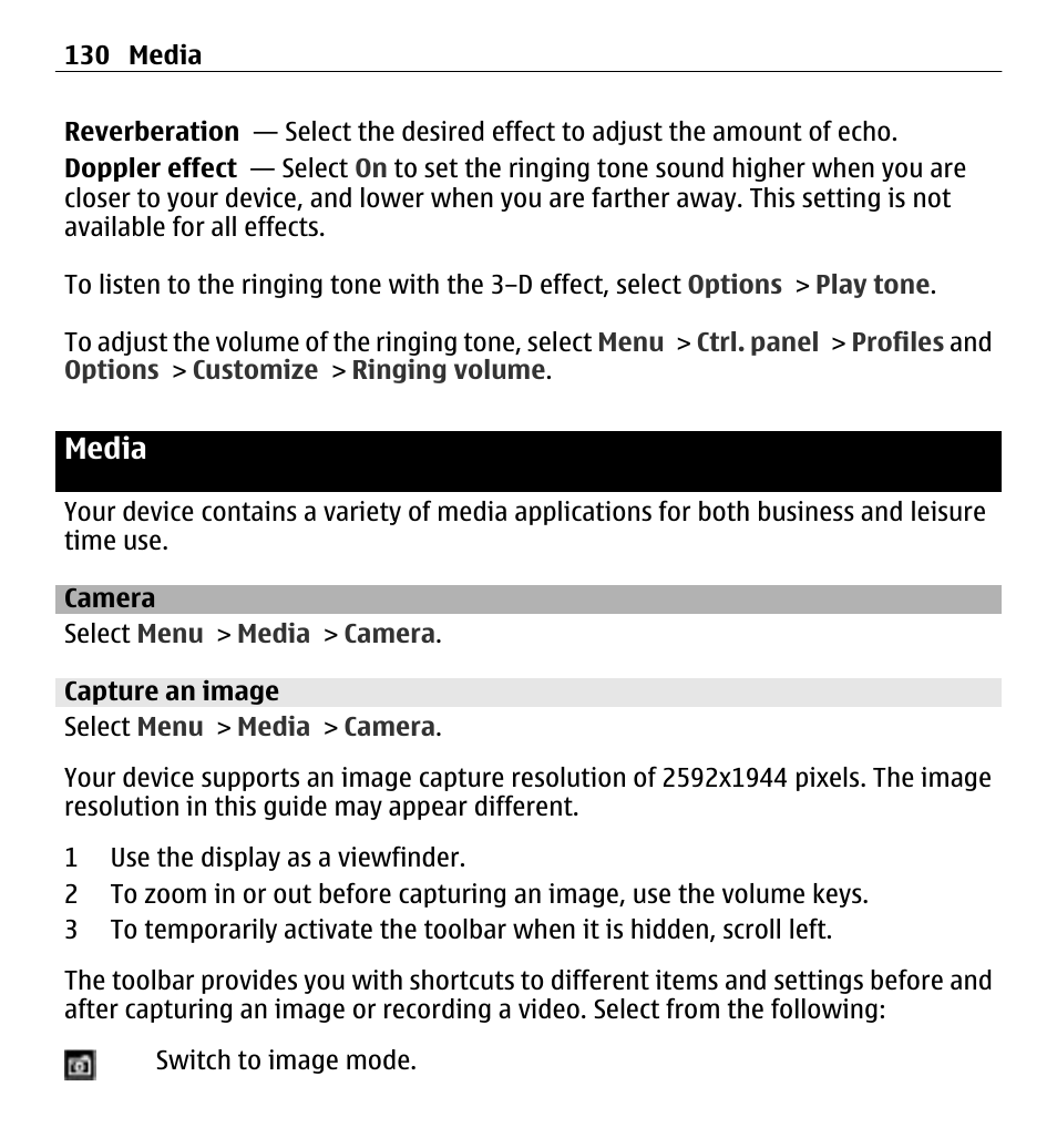Media, Camera, Capture an image | Nokia E5-00 User Manual | Page 130 / 230