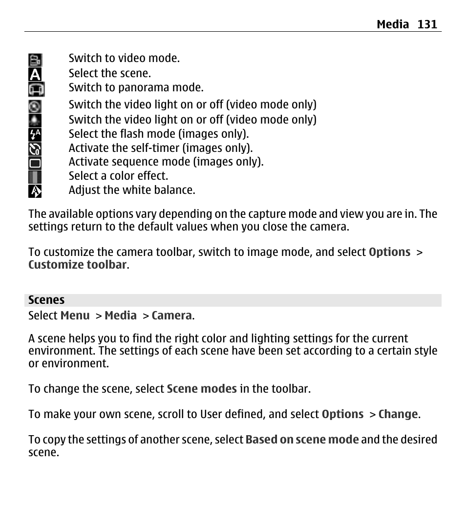 Scenes | Nokia E5-00 User Manual | Page 131 / 230