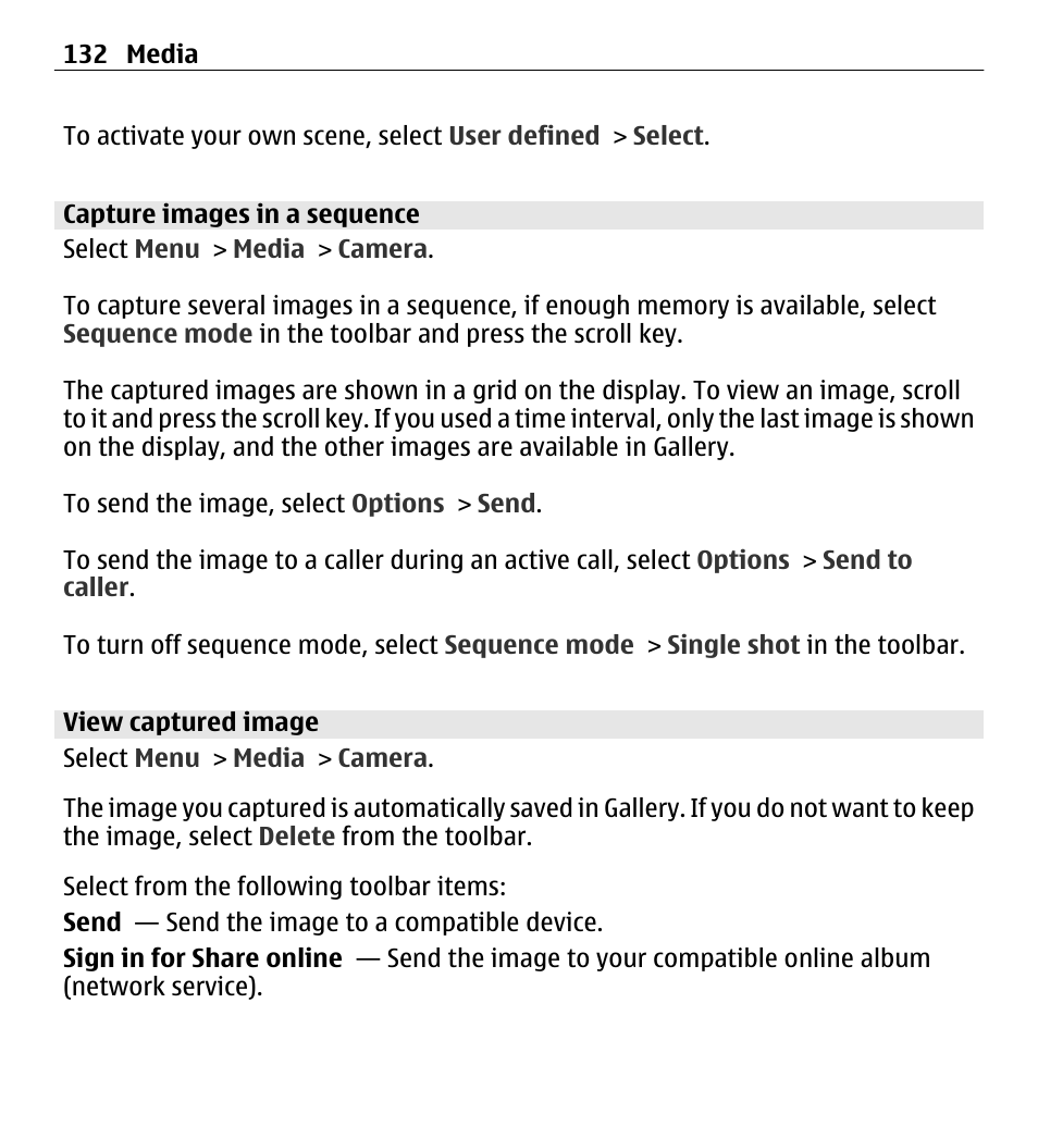 Capture images in a sequence, View captured image | Nokia E5-00 User Manual | Page 132 / 230