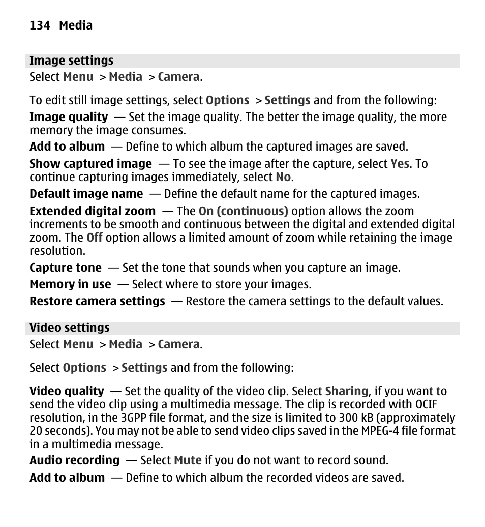 Image settings, Video settings | Nokia E5-00 User Manual | Page 134 / 230